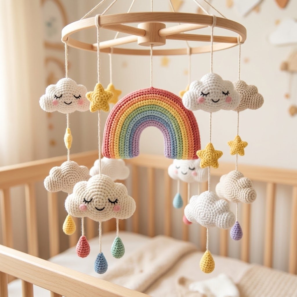 Móbile de berço arco-íris em amigurumi com fio 100% algodão, amigurumi feito à mão