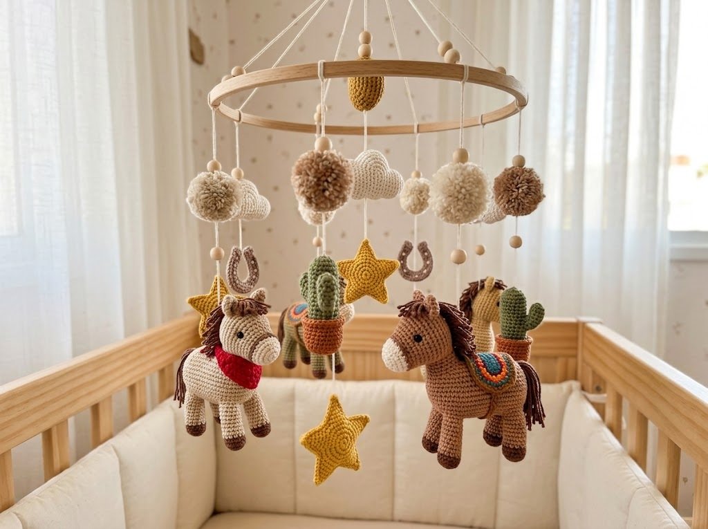 Móbile de berço amigurumi cavalinhos velho oeste em algodão, amigurumi feito à mão